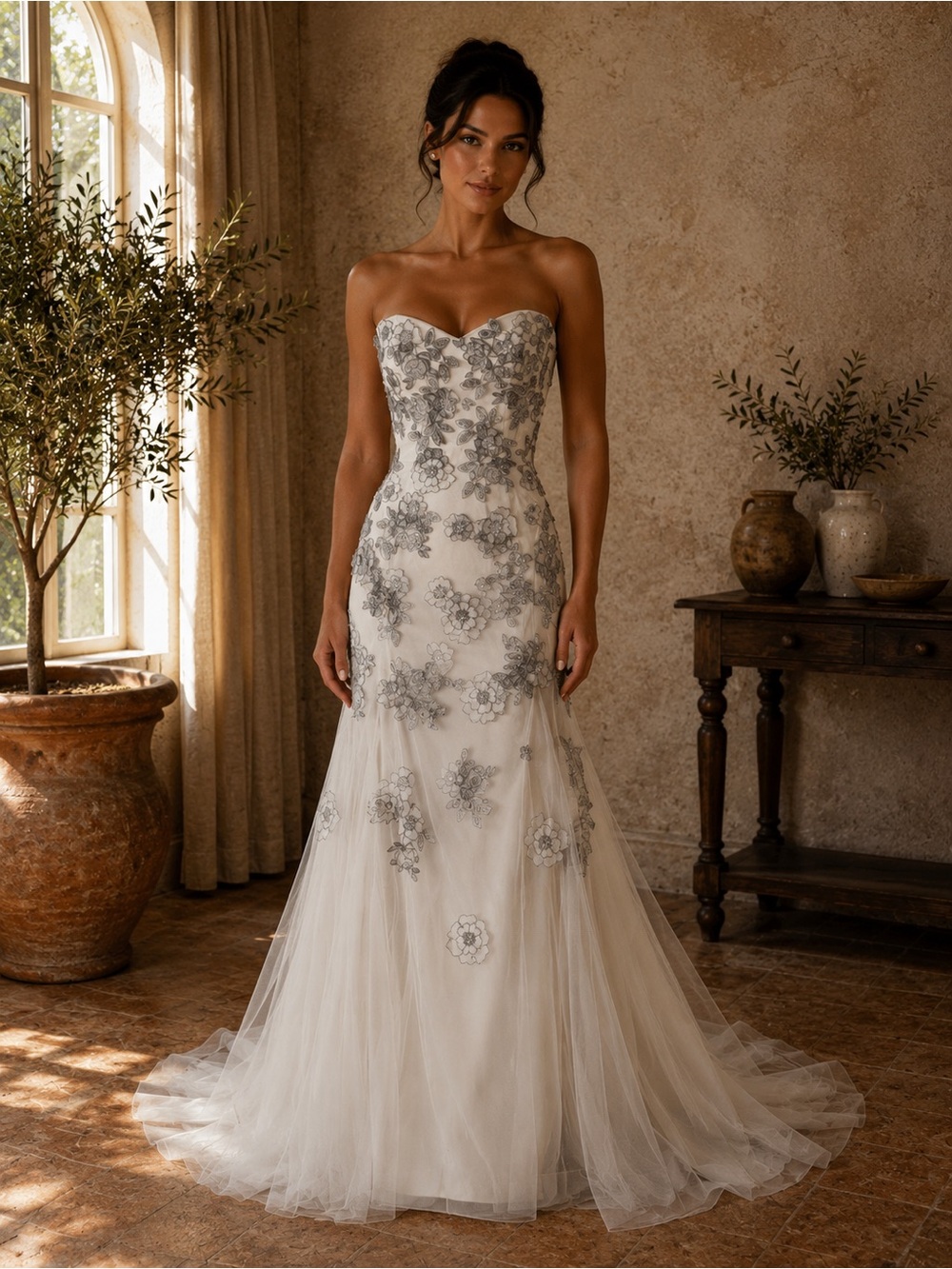 Strapless Ivory Wedding Dress with Silver Floral Lace